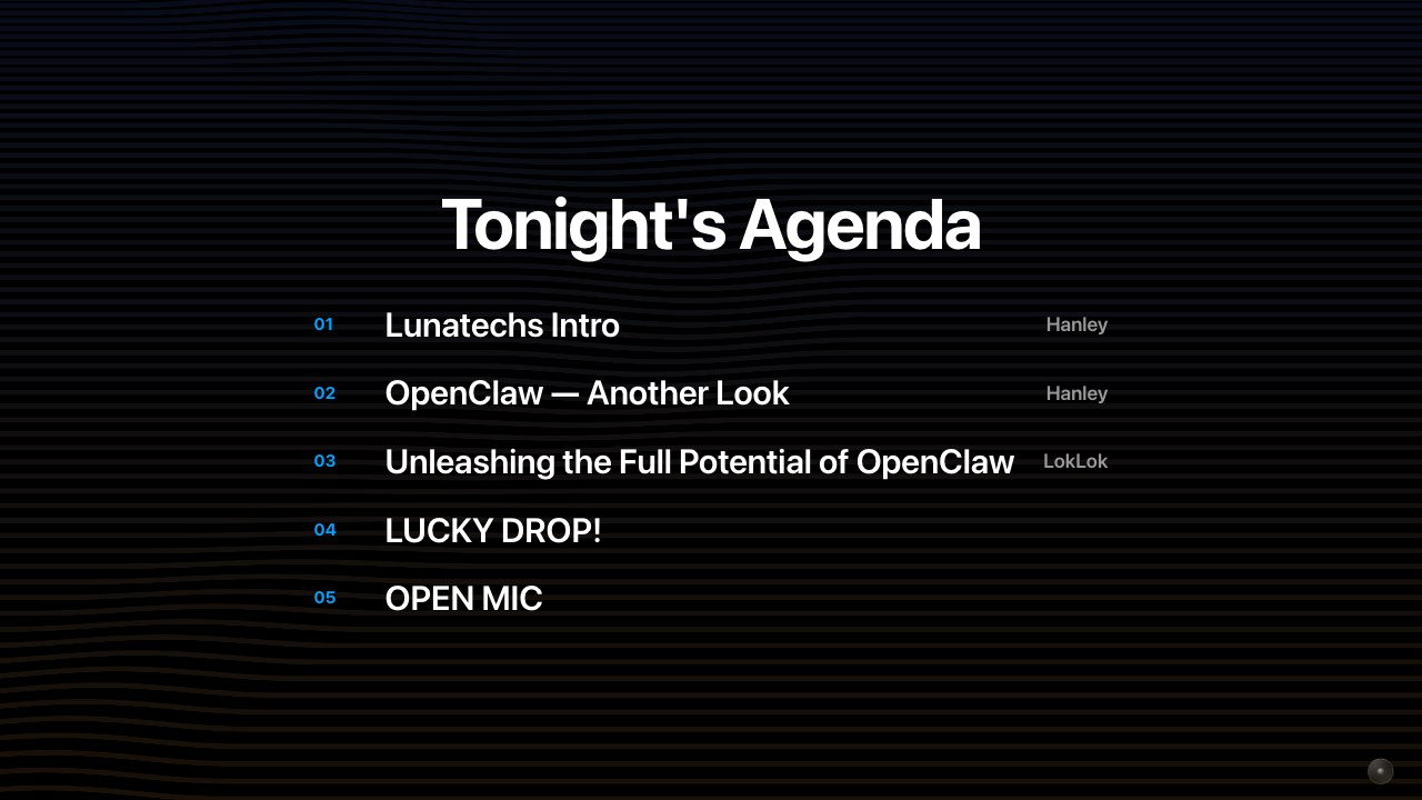 Agenda slide from the OpenClaw Lunatechs meetup deck